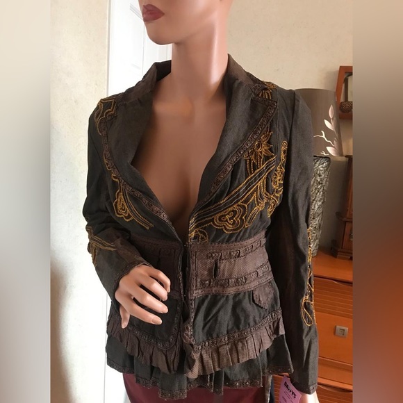 Jean Paul Gaultier embroidered brown jacket with leather detailing in sz S. - Picture 2 of 16